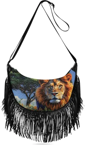 Women Crossbody Bag Fringe Hippie Purses Africa Plain Lion Print, Western Tassel Bags with Adjustable Strap Fabric & PU Material