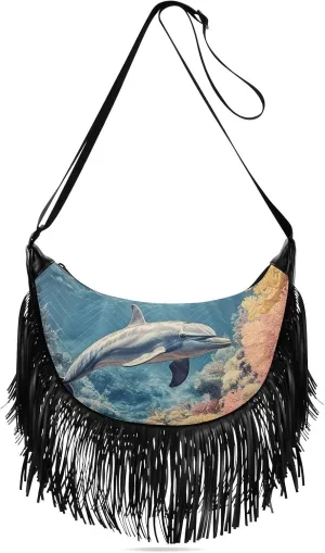 Women Crossbody Bag Fringe Hippie Purses Dolphin Painting Print, Western Tassel Bags with Adjustable Strap Fabric & PU Material