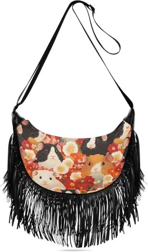 Women Crossbody Bag Fringe Hippie Purses Guinea Pigs Floral Print, Western Tassel Bags with Adjustable Strap Fabric & PU Material