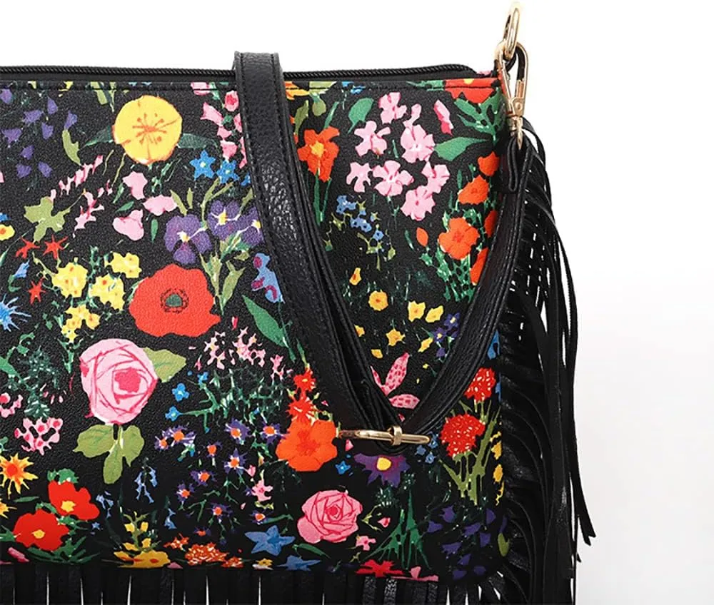 Women Crossbody Purses With Rose Print Ladies Tassel Hobo PU Leather Shoulder Handbags