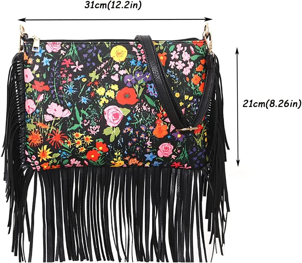 Women Crossbody Purses With Rose Print Ladies Tassel Hobo PU Leather Shoulder Handbags
