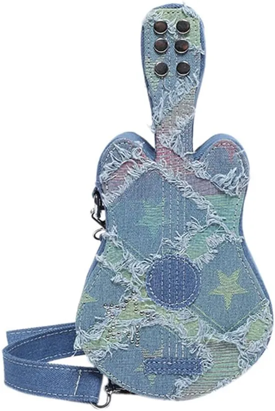 Women Denim Shoulder Handbag Novelty Violin Shaped Crossbody Bag Lightweight Daily Tote Purse