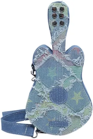 Women Denim Shoulder Handbag Novelty Violin Shaped Crossbody Bag Lightweight Daily Tote Purse