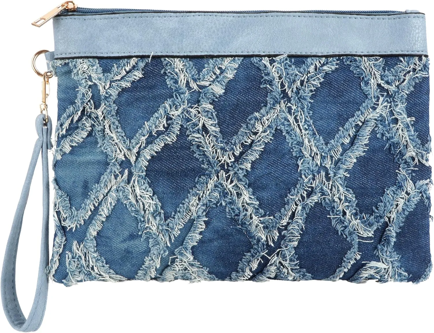 Women Denim Wristlet Clutch Purses Wallet Envelope Handbag PU Leather Quilted Distressed Zipper Satchel