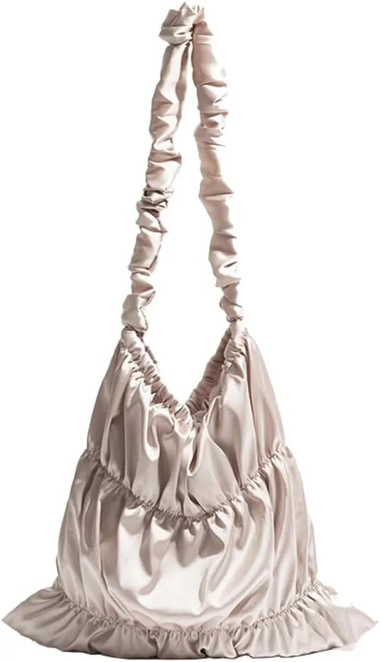 Women Elegant Satin Large Capacity Pleated Shoulder Bag Cute Lace Up Design Underarm Crossbody Bag Aesthetic Tote Bag