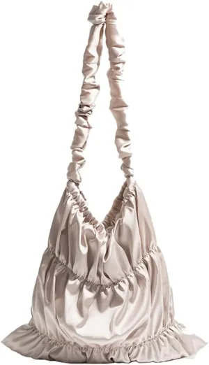 Women Elegant Satin Large Capacity Pleated Shoulder Bag Cute Lace Up Design Underarm Crossbody Bag Aesthetic Tote Bag