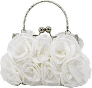 Women Evening Bag Rose Shaped Clutch Bag Satin Handbag Small Shoulder Bag with Kiss Lock