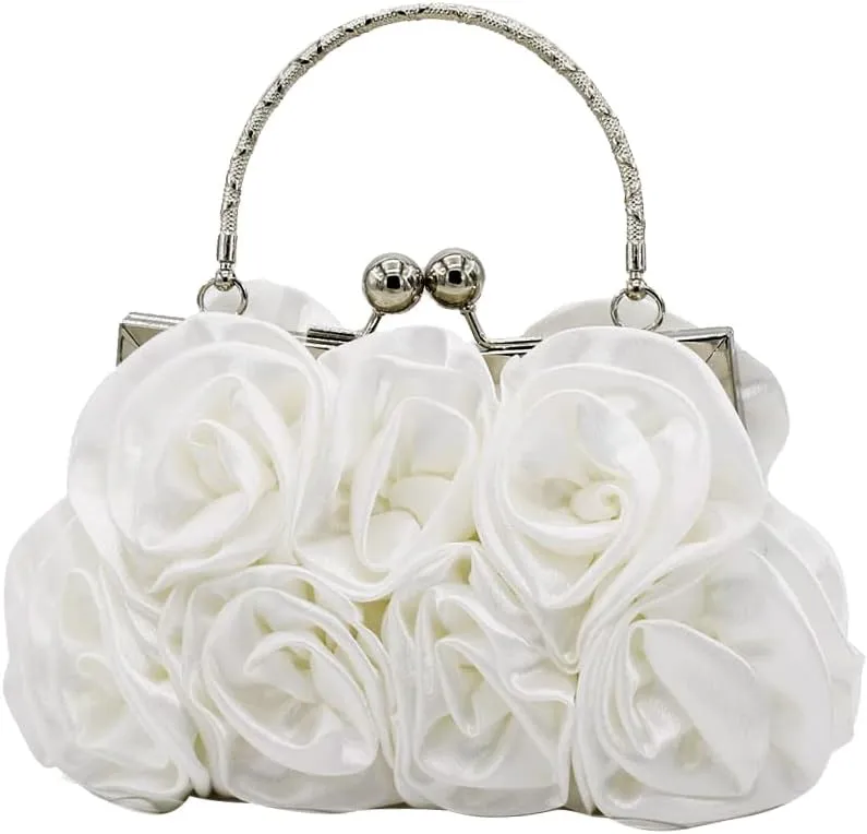 Women Evening Bag Rose Shaped Clutch Bag Satin Handbag Small Shoulder Bag with Kiss Lock