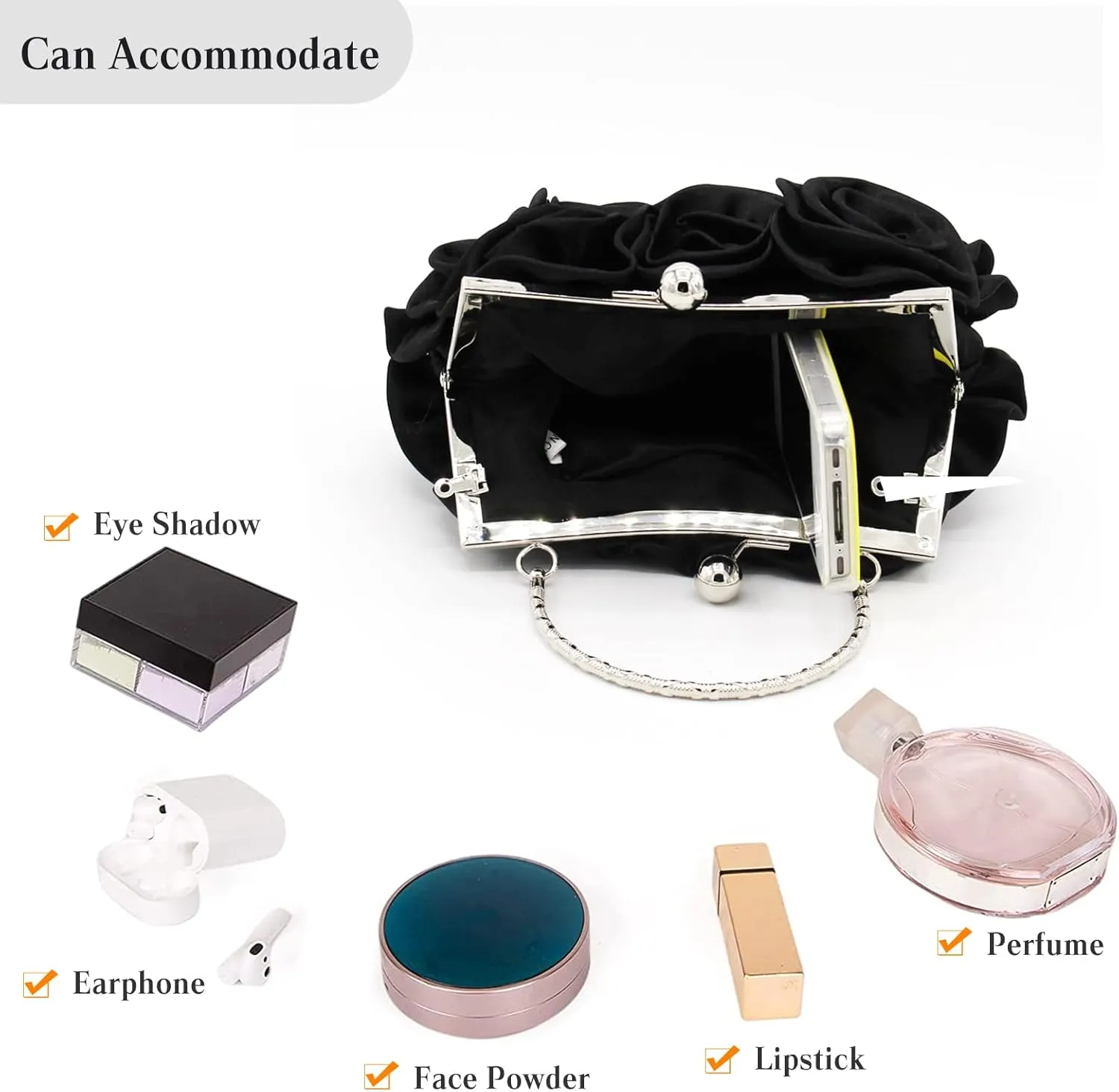 Women Evening Bag Rose Shaped Clutch Bag Satin Handbag Small Shoulder Bag with Kiss Lock