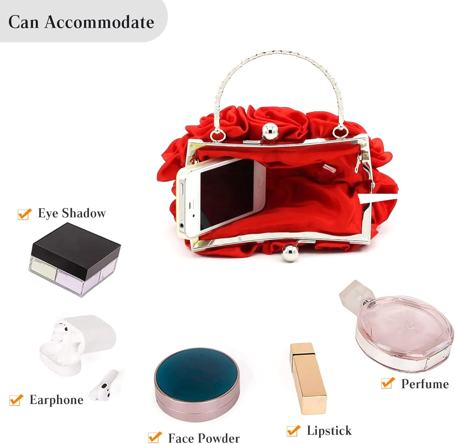 Women Evening Bag Rose Shaped Clutch Bag Satin Handbag Small Shoulder Bag with Kiss Lock