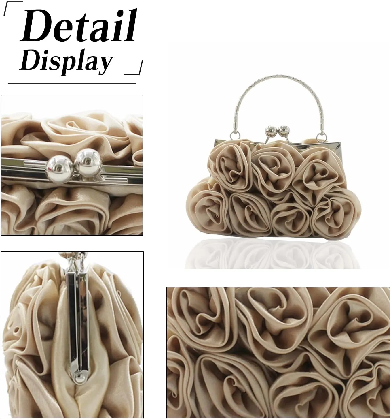 Women Evening Bag Rose Shaped Clutch Bag Satin Handbag Small Shoulder Bag with Kiss Lock