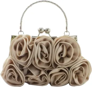 Women Evening Bag Rose Shaped Clutch Bag Satin Handbag Small Shoulder Bag with Kiss Lock