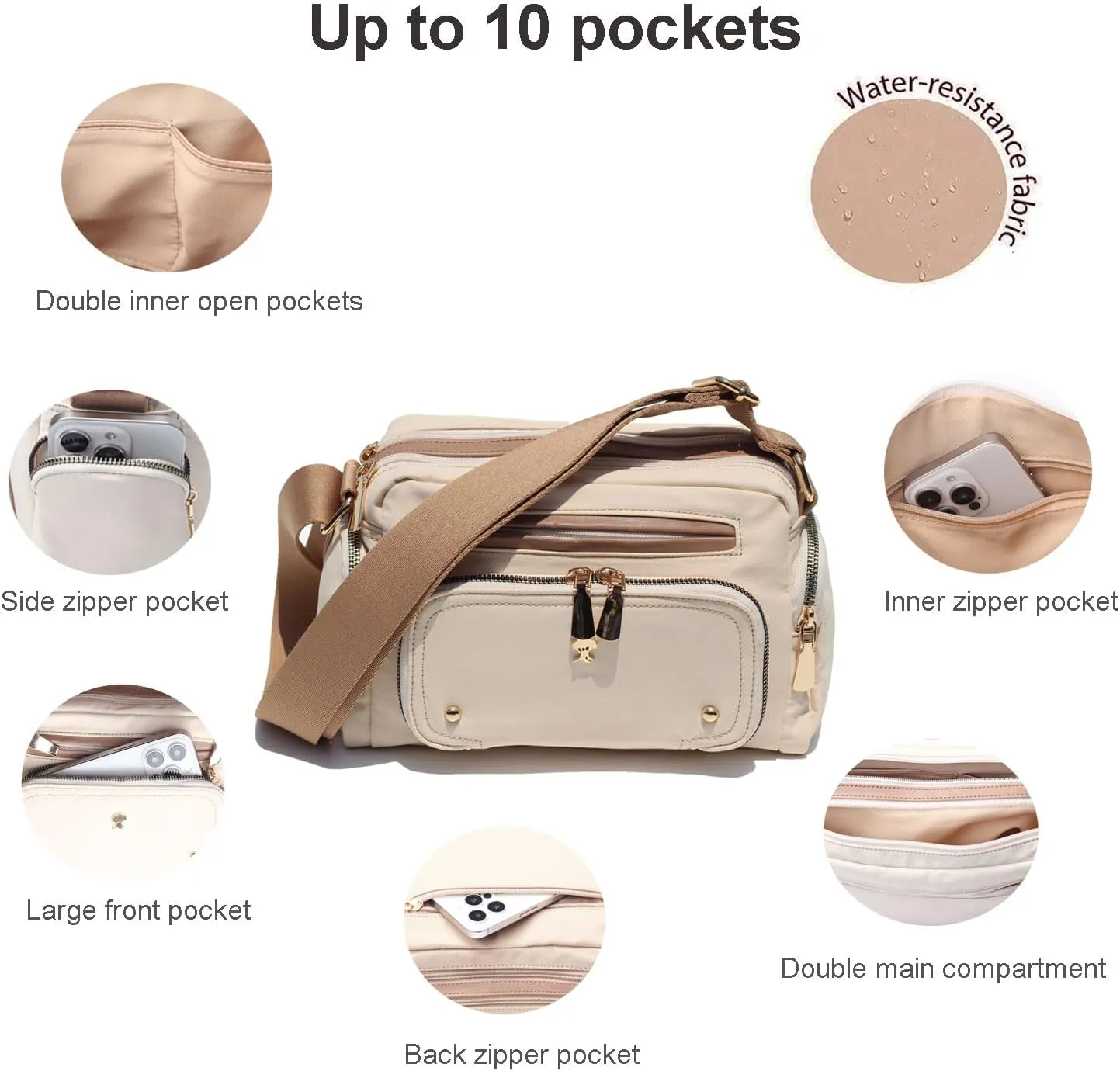 Women Fashion Tote Crossbody Handbags for Women Multi Pockets Shoulder Bag Nylon Travel Purse