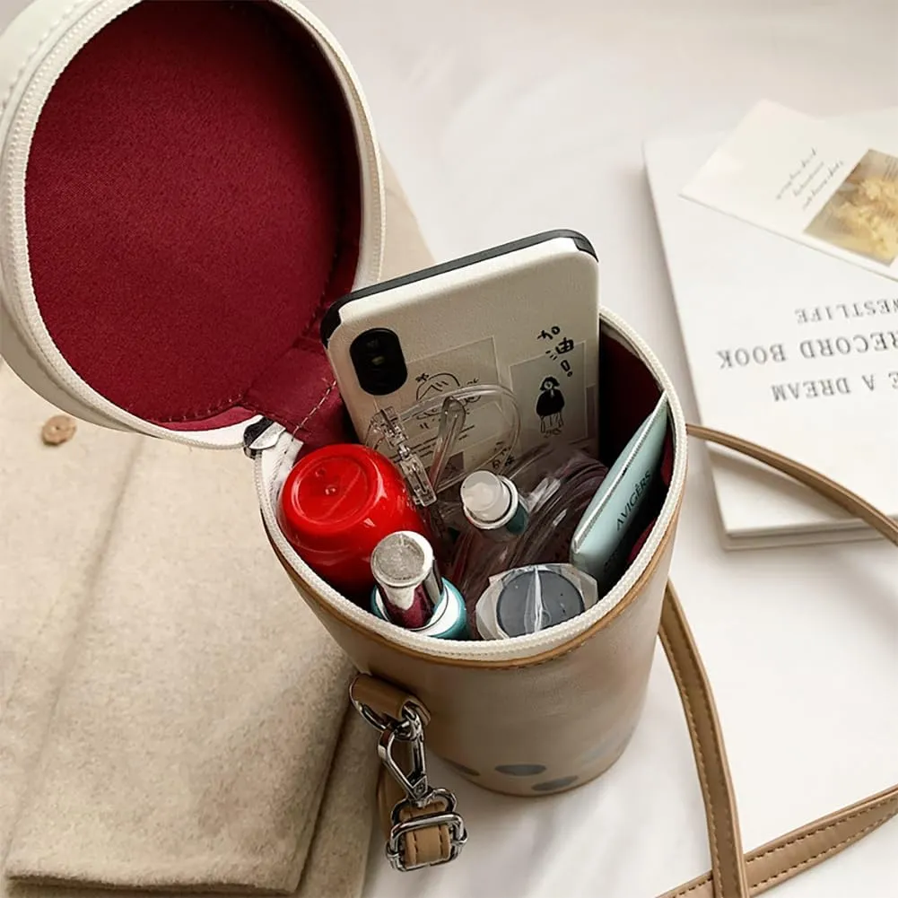 Women Female Polka Dot Milk Tea Cup Bag, Japanese Bucket Shoulder Crossbody Bag, Cute Creative Cylinder Cup Purse With Straw