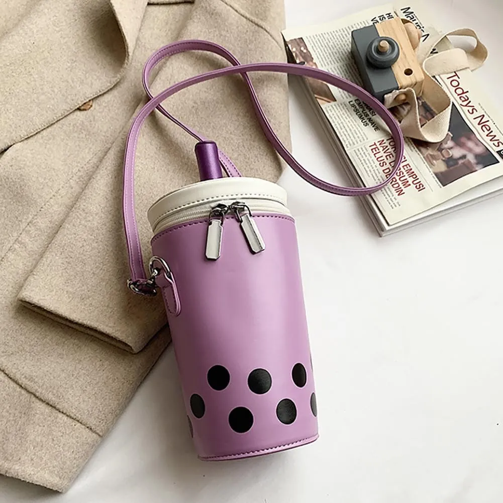 Women Female Polka Dot Milk Tea Cup Bag, Japanese Bucket Shoulder Crossbody Bag, Cute Creative Cylinder Cup Purse With Straw
