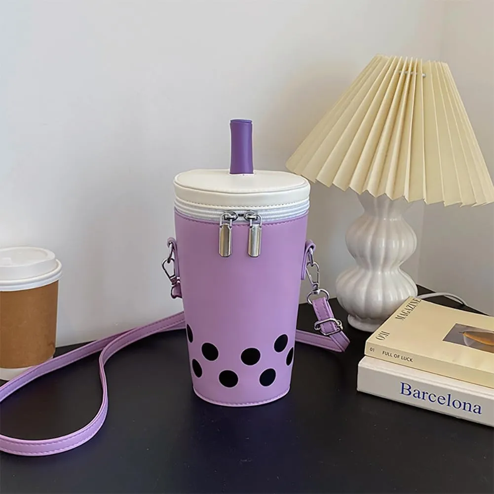Women Female Polka Dot Milk Tea Cup Bag, Japanese Bucket Shoulder Crossbody Bag, Cute Creative Cylinder Cup Purse With Straw