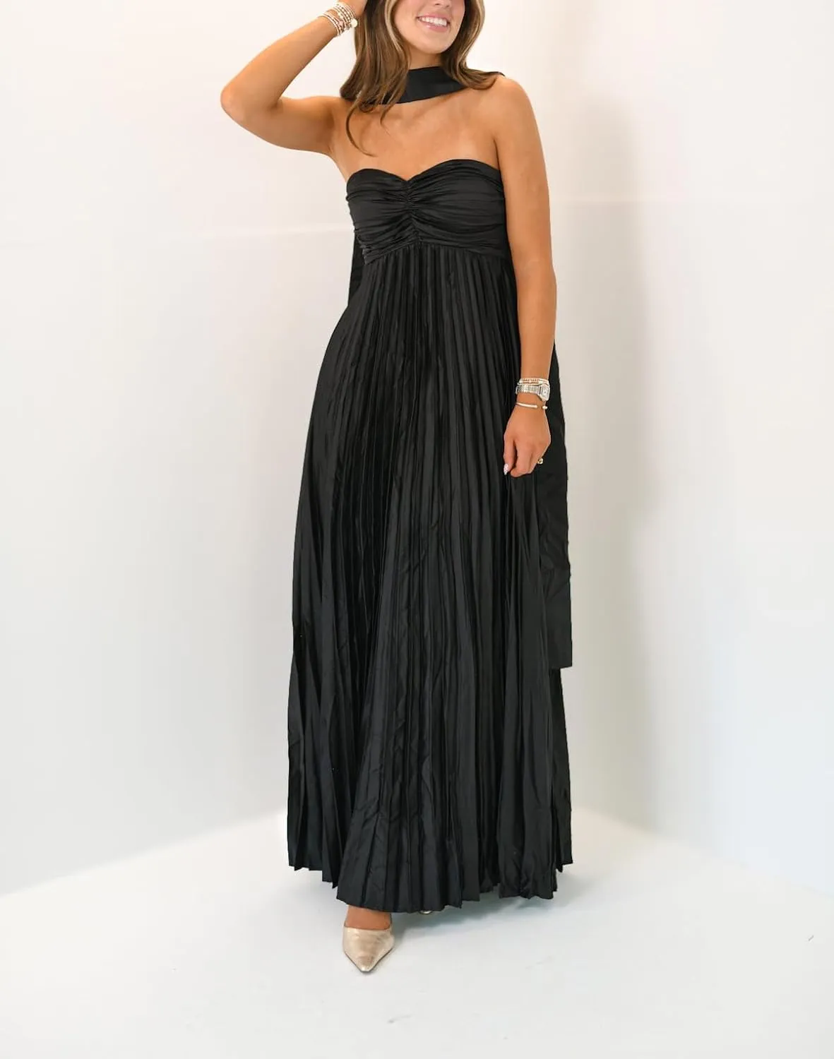 Women Formal Neck Scarf Dress Y2k Strapless Cocktail Prom Maxi Tube Dress Floral Pleated Bodycon Long Silk Dresses
