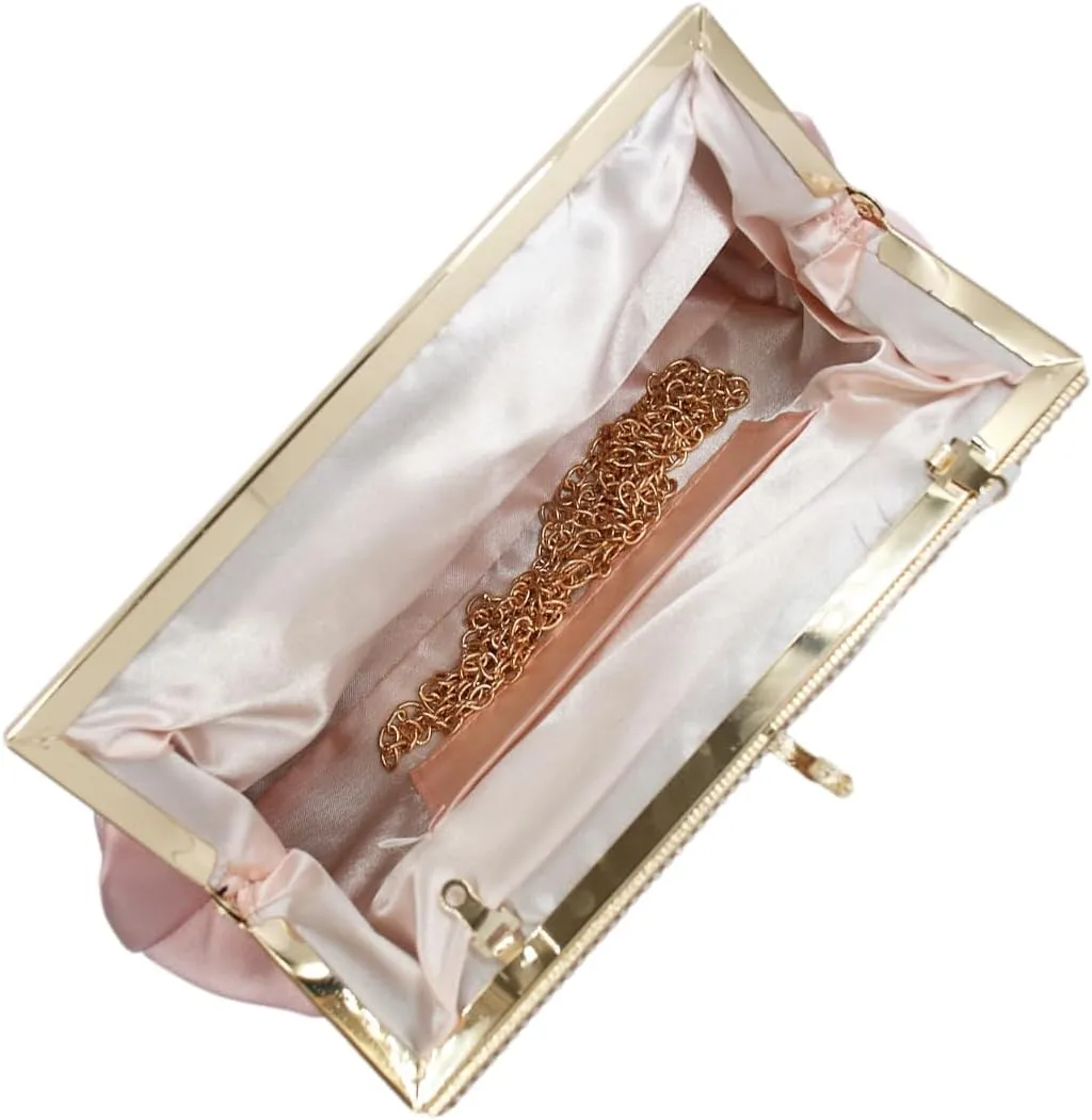 Women Pleated Satin Clutch Bride Purse Elegant Rhinestone Evening Bag Banquet Party Handbag