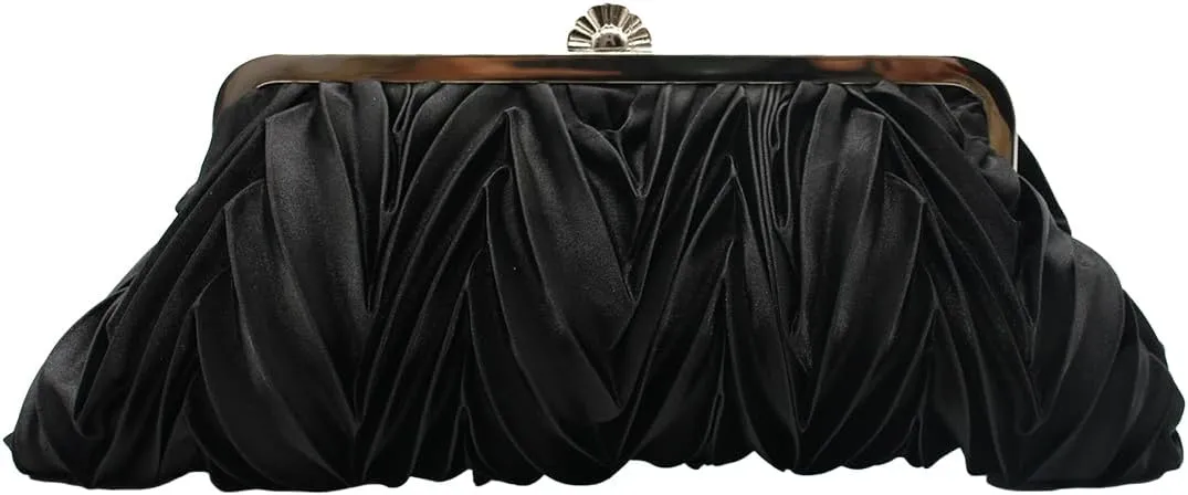 Women Pleated Satin Clutch Bride Purse Elegant Rhinestone Evening Bag Banquet Party Handbag