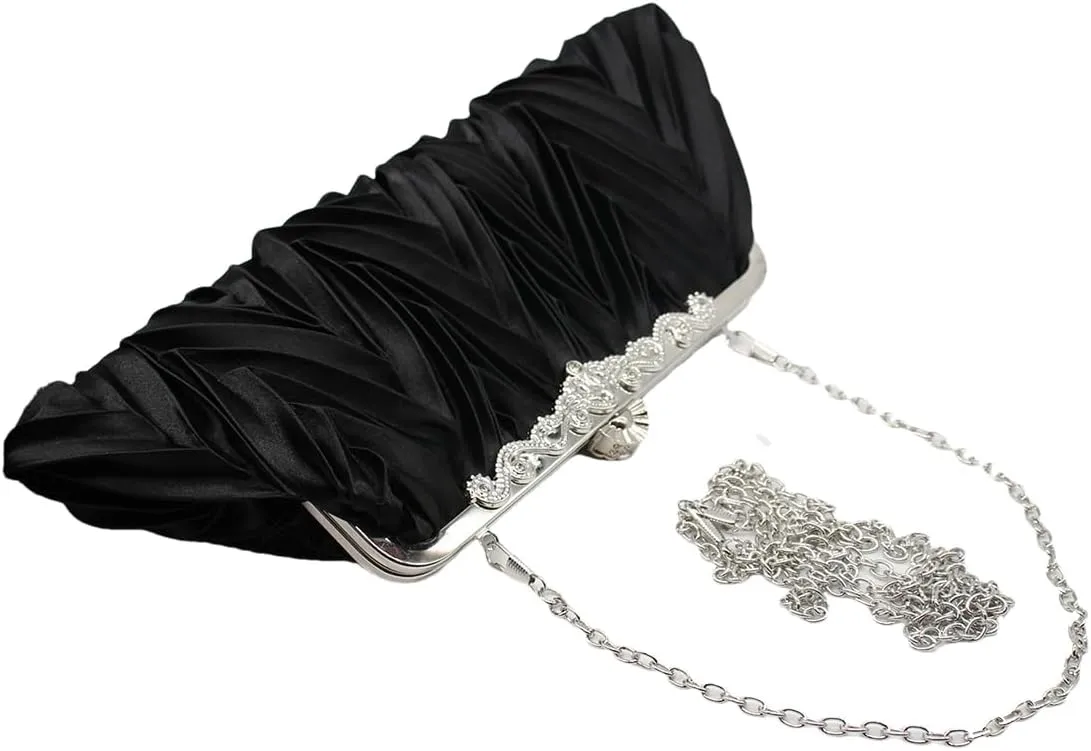 Women Pleated Satin Clutch Bride Purse Elegant Rhinestone Evening Bag Banquet Party Handbag