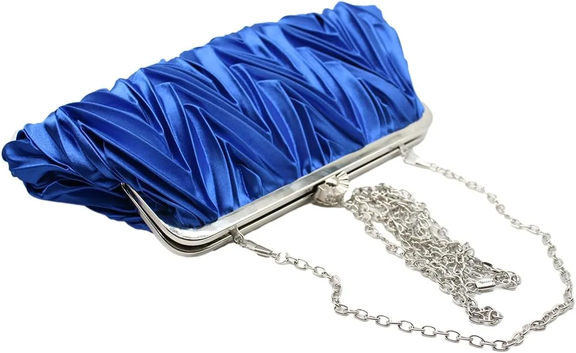 Women Pleated Satin Clutch Bride Purse Elegant Rhinestone Evening Bag Banquet Party Handbag