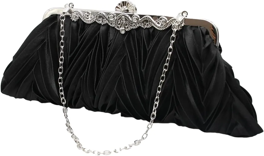 Women Pleated Satin Clutch Bride Purse Elegant Rhinestone Evening Bag Banquet Party Handbag