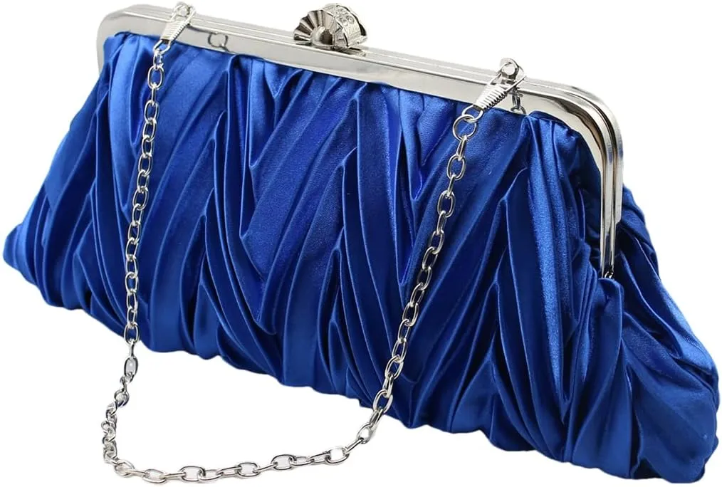 Women Pleated Satin Clutch Bride Purse Elegant Rhinestone Evening Bag Banquet Party Handbag