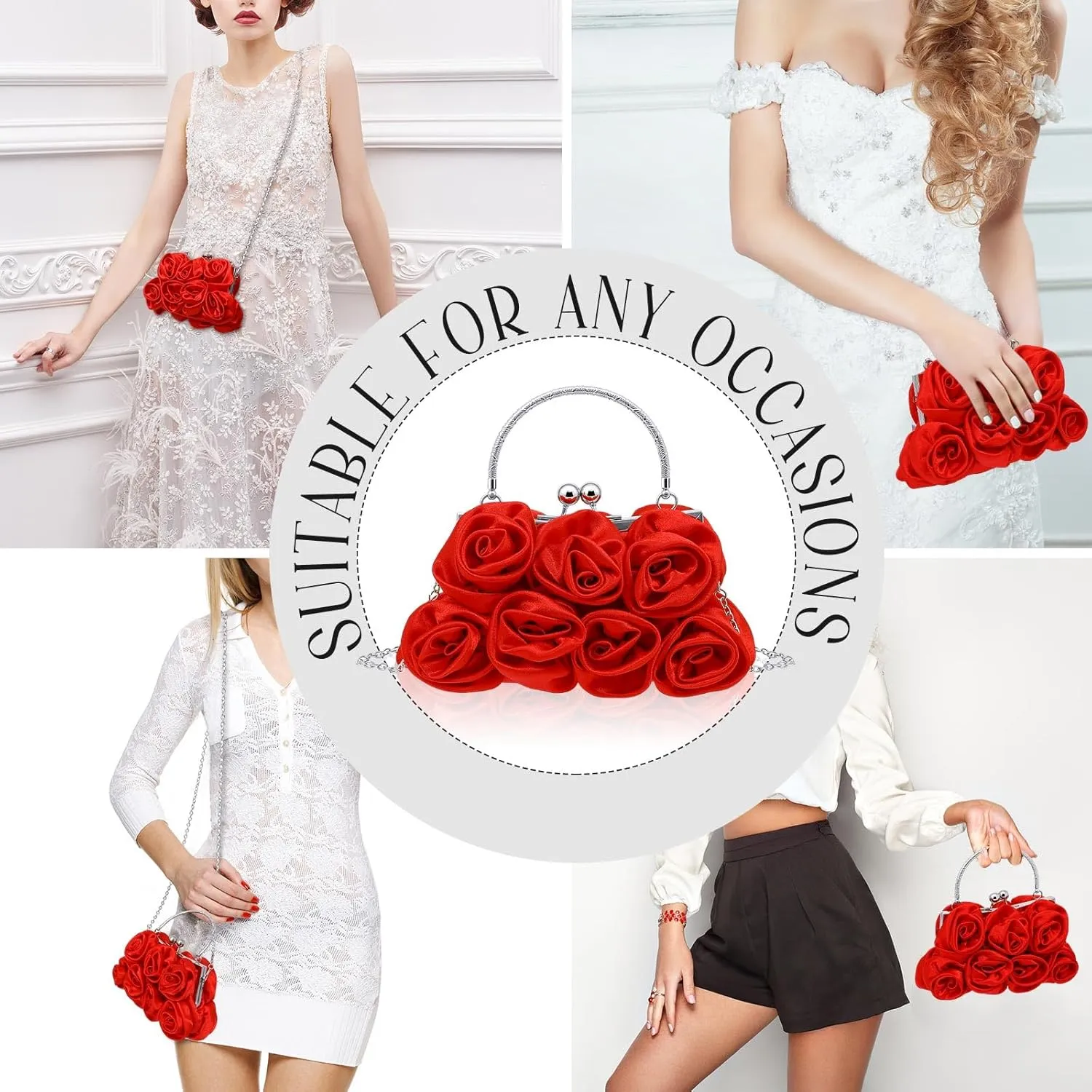 Women Roses Clutch Purse Small Floral Evening Handbag with Detachable Strap Wedding Gift for Girl Mom
