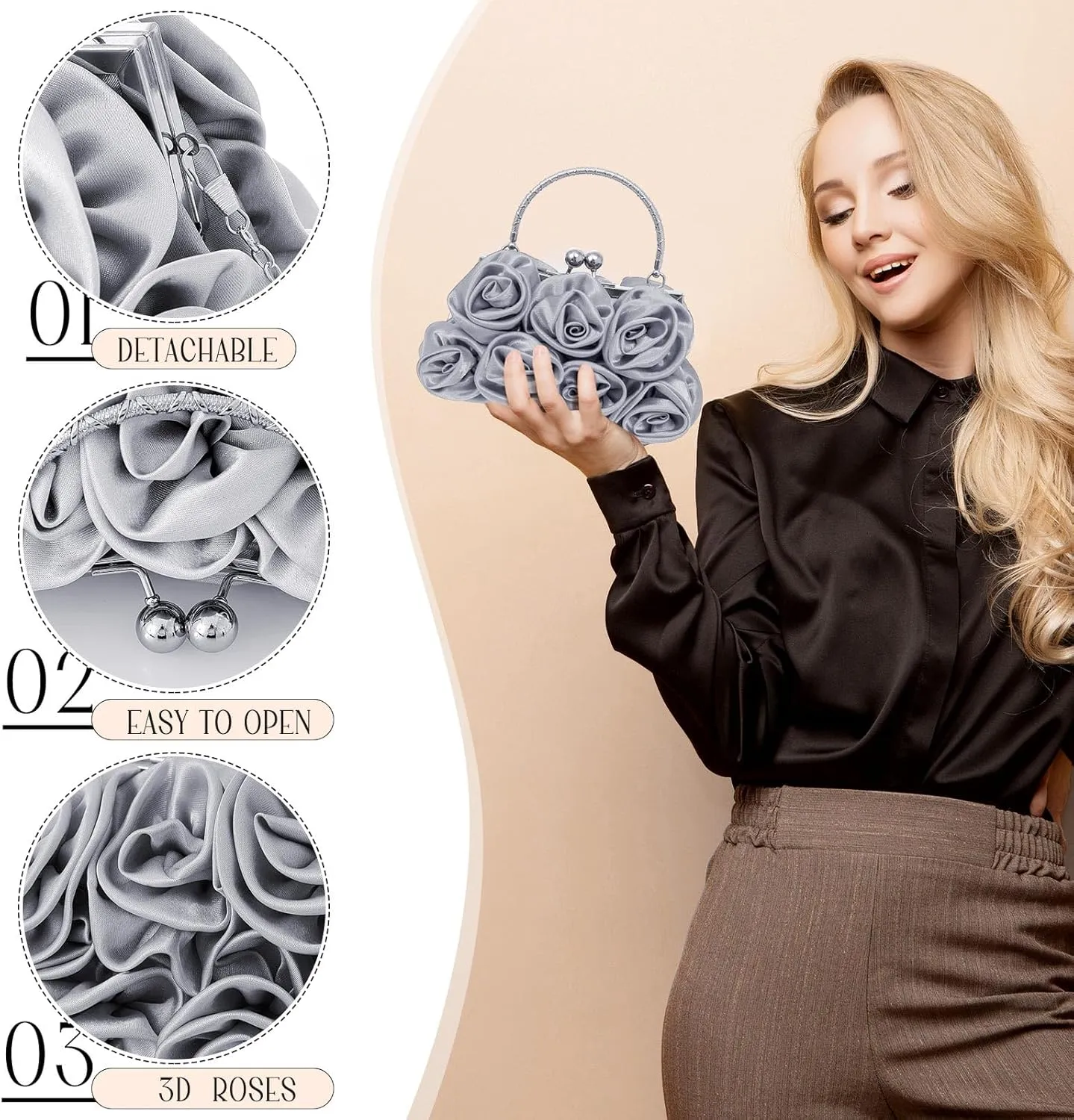 Women Roses Clutch Purse Small Floral Evening Handbag with Detachable Strap Wedding Gift for Girl Mom