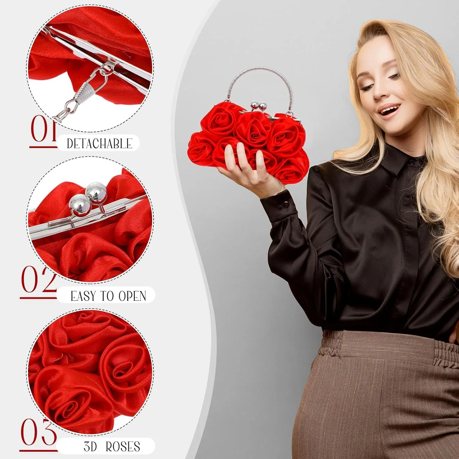 Women Roses Clutch Purse Small Floral Evening Handbag with Detachable Strap Wedding Gift for Girl Mom