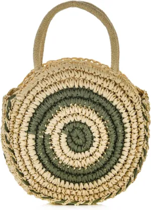 Women Round Woven Straw Crossbody Handbag Handmade Colorblock Spiral Top-handle Summer Beach Purse Travel Daily Tote Bag