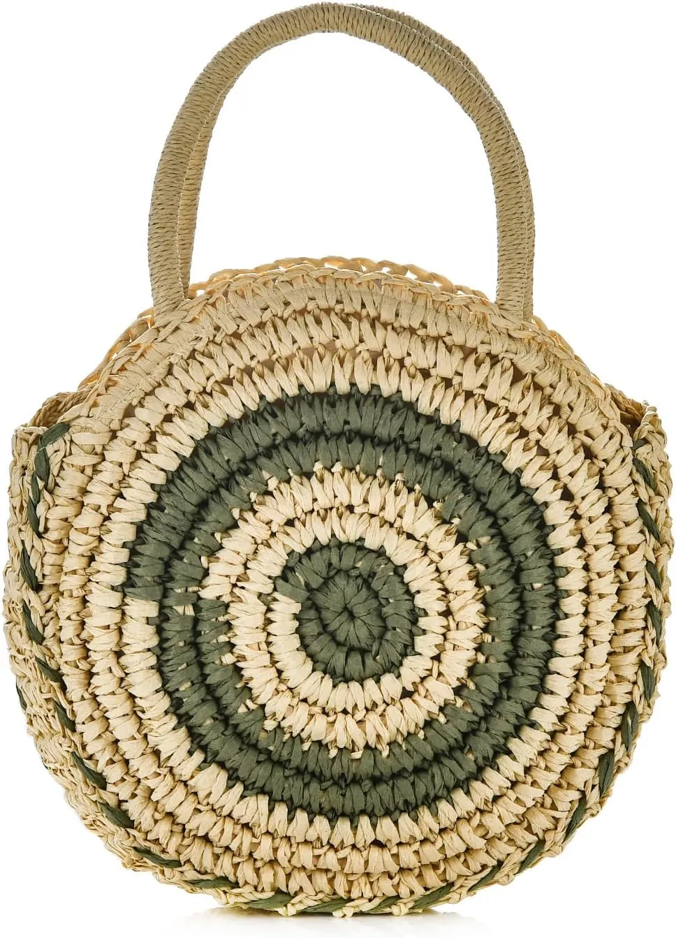 Women Round Woven Straw Crossbody Handbag Handmade Colorblock Spiral Top-handle Summer Beach Purse Travel Daily Tote Bag