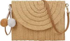Women Straw Crossbody Handbag Woven Shoulder Bag Summer Beach Envelope Clutch Purse with Pom Poms (Khaki)