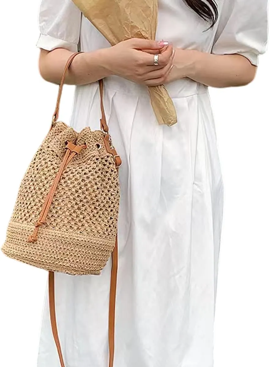 Women Straw Drawstring Bucket Purse Small Tote Shoulder Handbag Hollow Out Cross-body Bag for Summer,Beach