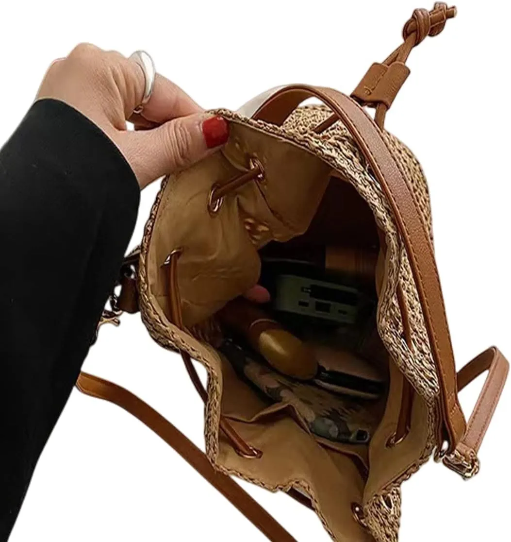 Women Straw Drawstring Bucket Purse Small Tote Shoulder Handbag Hollow Out Cross-body Bag for Summer,Beach