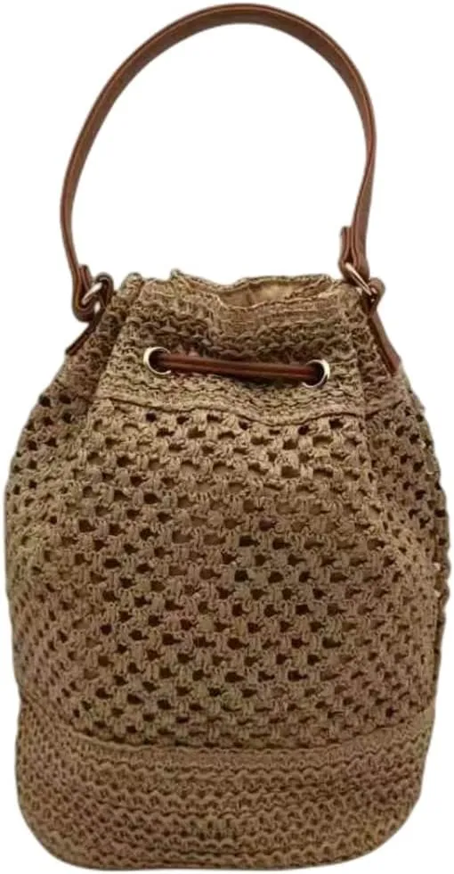 Women Straw Drawstring Bucket Purse Small Tote Shoulder Handbag Hollow Out Cross-body Bag for Summer,Beach