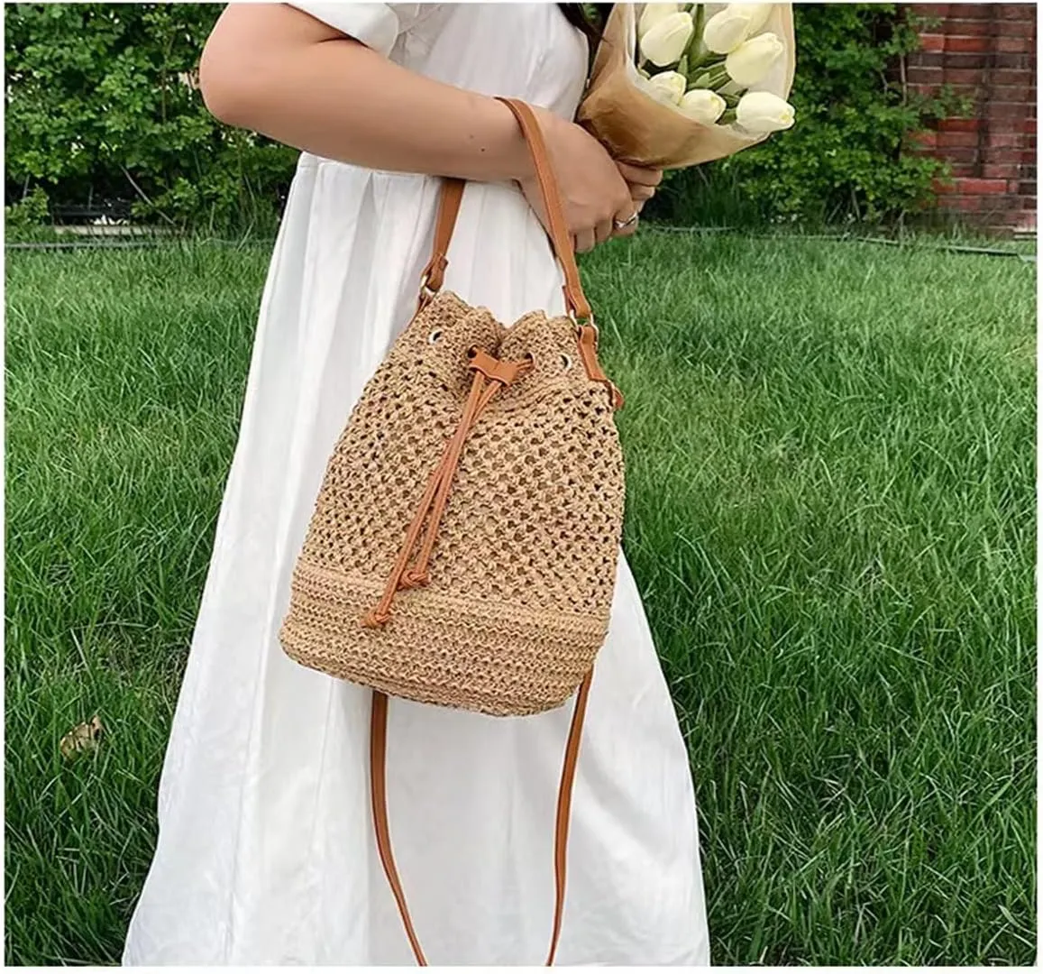 Women Straw Drawstring Bucket Purse Small Tote Shoulder Handbag Hollow Out Cross-body Bag for Summer,Beach