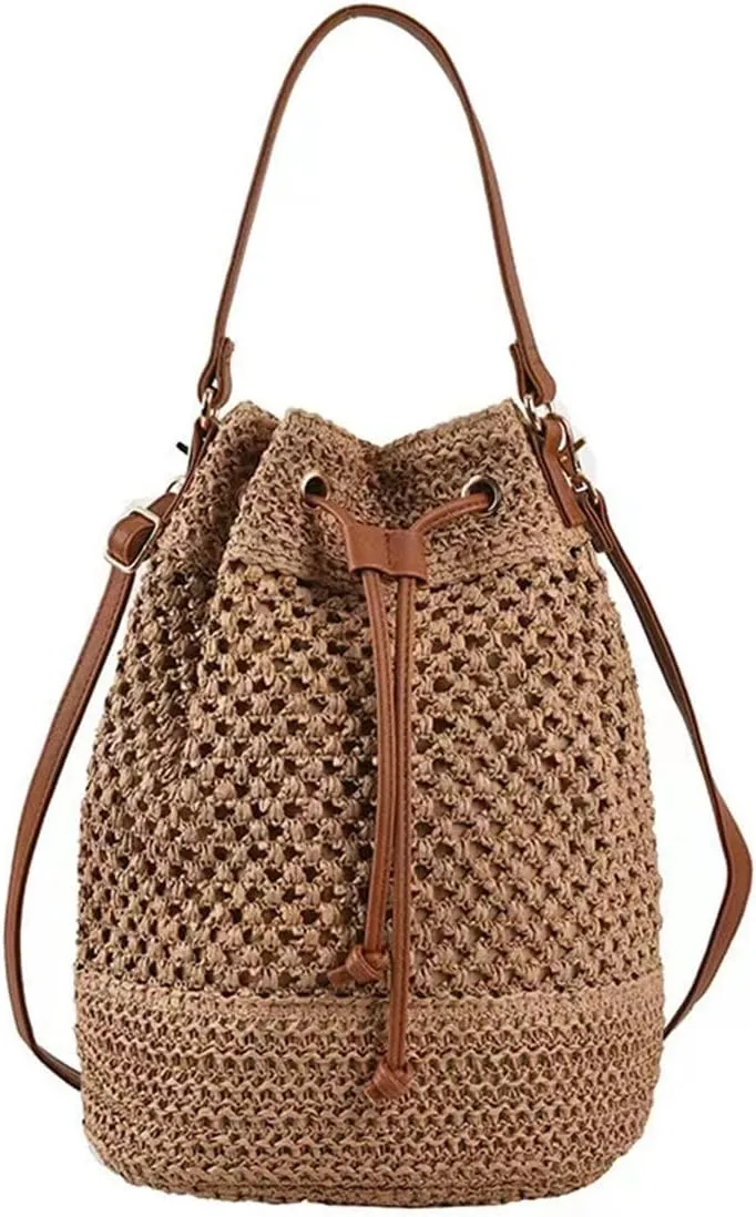 Women Straw Drawstring Bucket Purse Small Tote Shoulder Handbag Hollow Out Cross-body Bag for Summer,Beach
