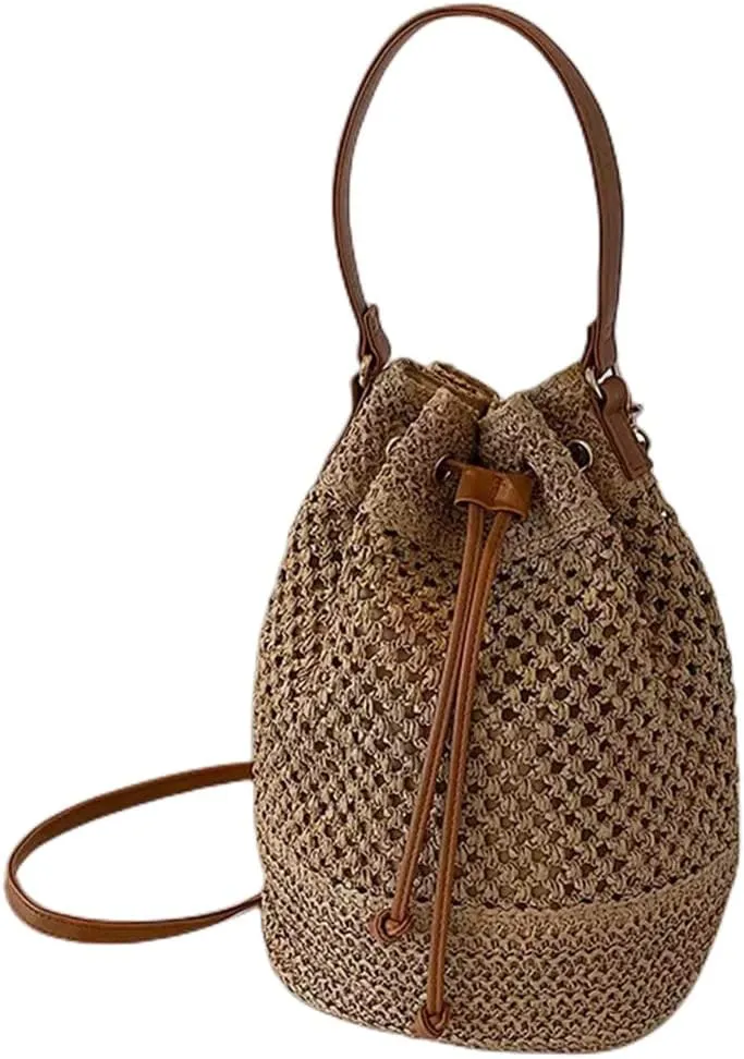Women Straw Drawstring Bucket Purse Small Tote Shoulder Handbag Hollow Out Cross-body Bag for Summer,Beach