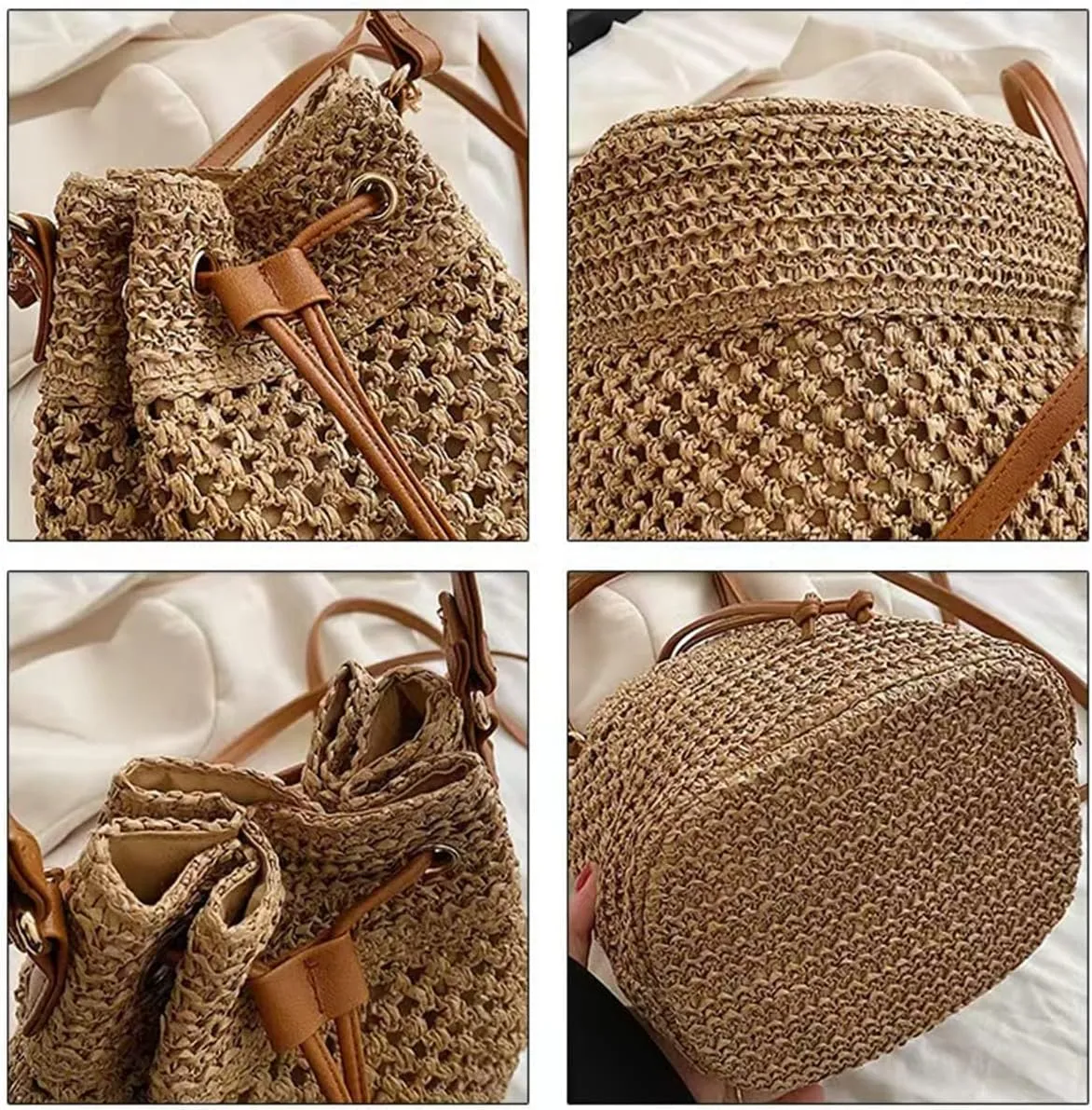 Women Straw Drawstring Bucket Purse Small Tote Shoulder Handbag Hollow Out Cross-body Bag for Summer,Beach