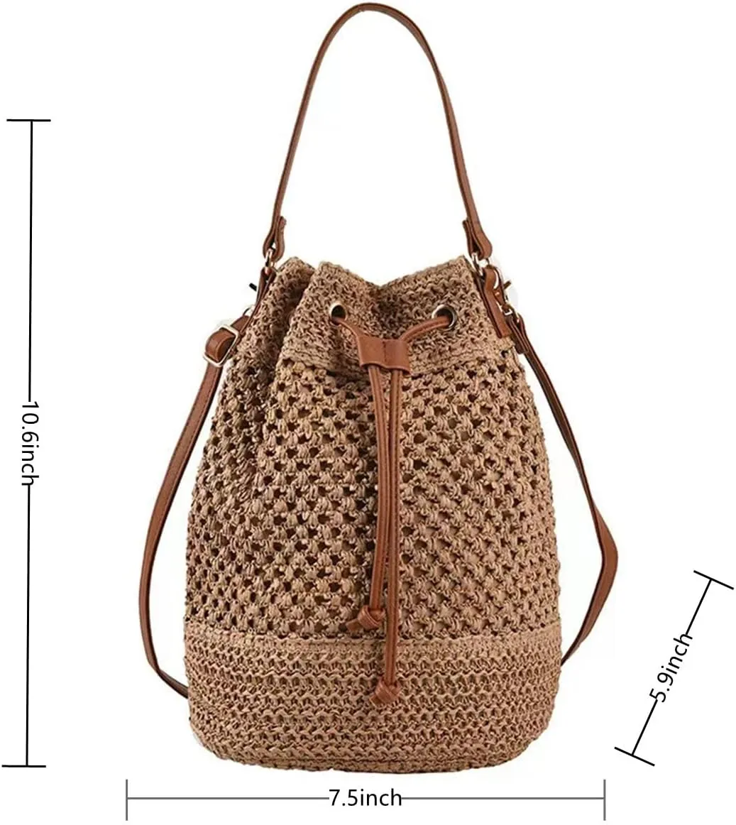 Women Straw Drawstring Bucket Purse Small Tote Shoulder Handbag Hollow Out Cross-body Bag for Summer,Beach