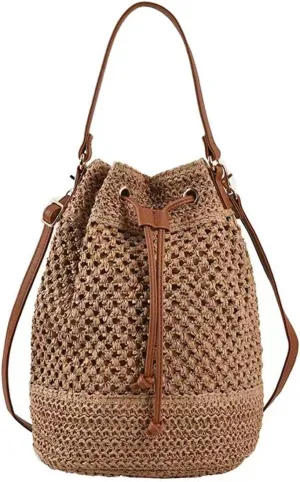Women Straw Drawstring Bucket Purse Small Tote Shoulder Handbag Hollow Out Cross-body Bag for Summer,Beach