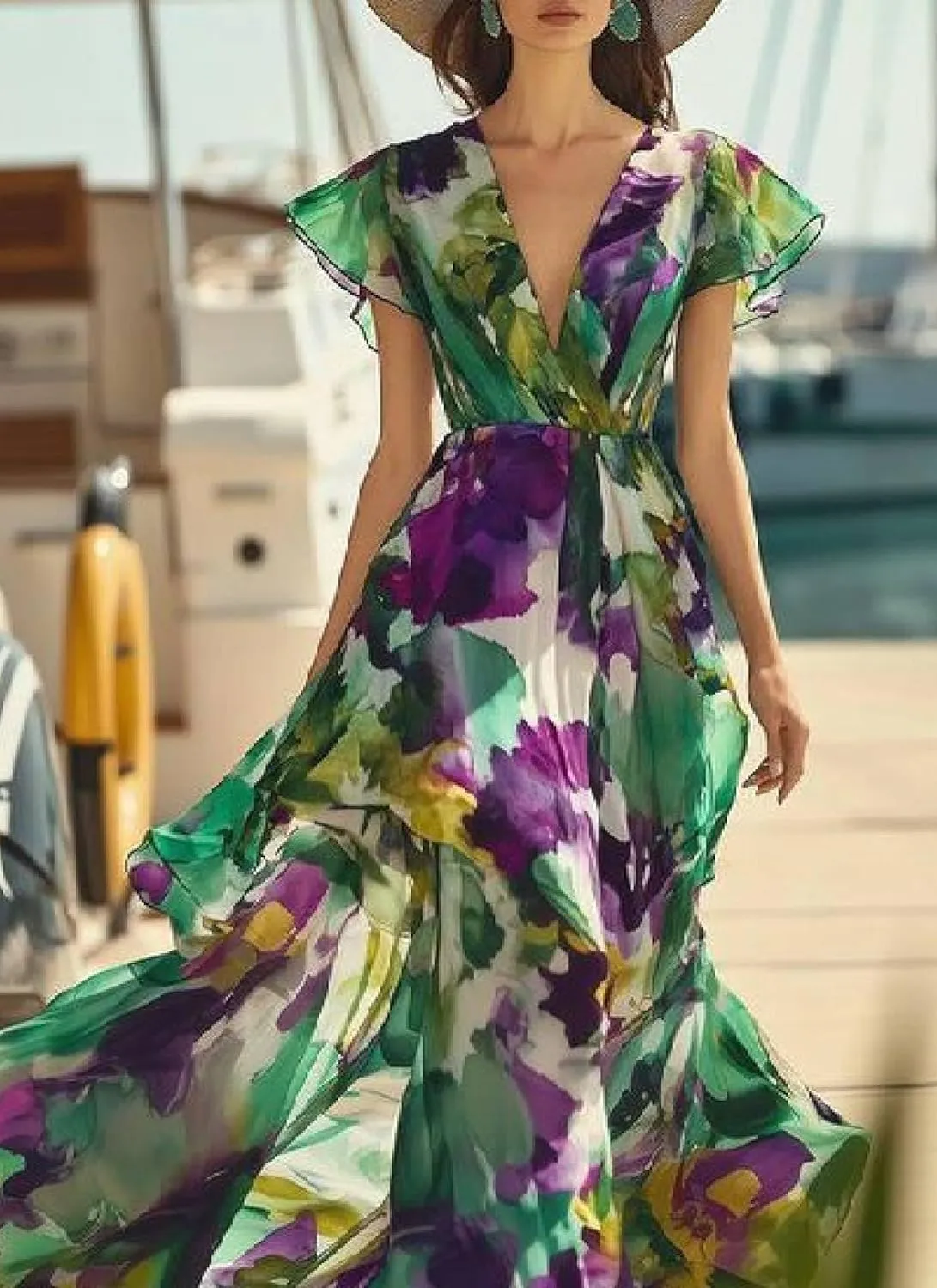 Women's 2025 Summer Vintage V-Neck Sleeveless Floral Print High Waist Maxi Dress Elegant Party Cocktail Formal Outfits