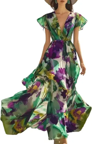 Women's 2025 Summer Vintage V-Neck Sleeveless Floral Print High Waist Maxi Dress Elegant Party Cocktail Formal Outfits