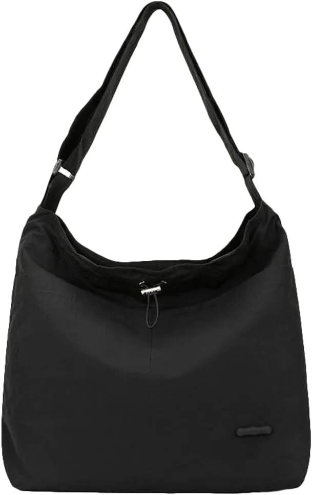 Womens Aesthetic Casual Nylon Shoulder Crossbody Bag Pleated Drawstrings Shoulder Bag Solid Color Handbag Underarm Bag