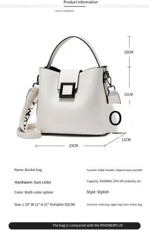 Women's Bucket Bag Adjustable Shoulder Strap Fashion Handbag with Square Buckle