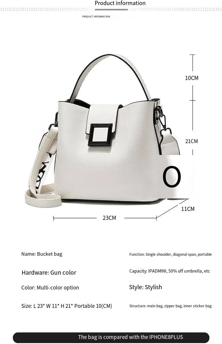 Women's Bucket Bag Adjustable Shoulder Strap Fashion Handbag with Square Buckle