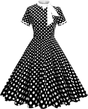 Womens Casual Prom Swing Dress Short Sleeve Tie Neck Vintage Cocktail Party Dress Polka Dot 50s Flared A-Line Gowns
