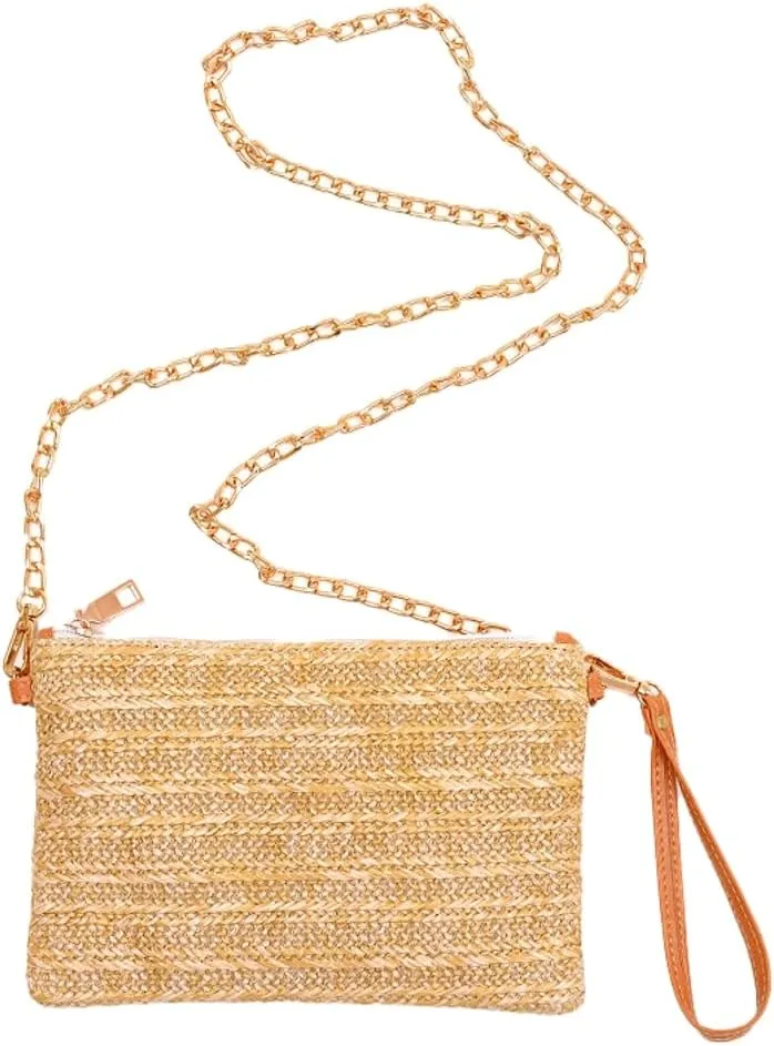 Womens Casual Straw Purses Woven Shoulder Crossbody Bag Small Handbags Tote Bag Wallet Summer Beach Bag with Chain