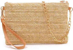 Womens Casual Straw Purses Woven Shoulder Crossbody Bag Small Handbags Tote Bag Wallet Summer Beach Bag with Chain